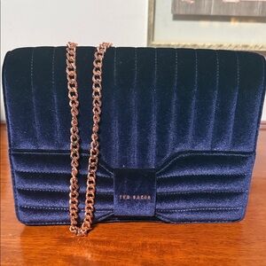 Ted Baker Midnight Blue Velvet Clutch/Crossbody with rose gold hardware